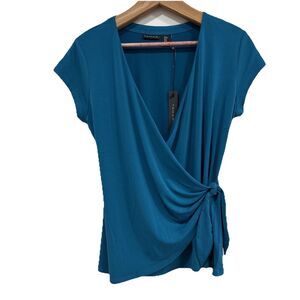 Tahari Size Medium Top Women's Blue Short Sleeve Jersey Knit Wrap Tie NEW
